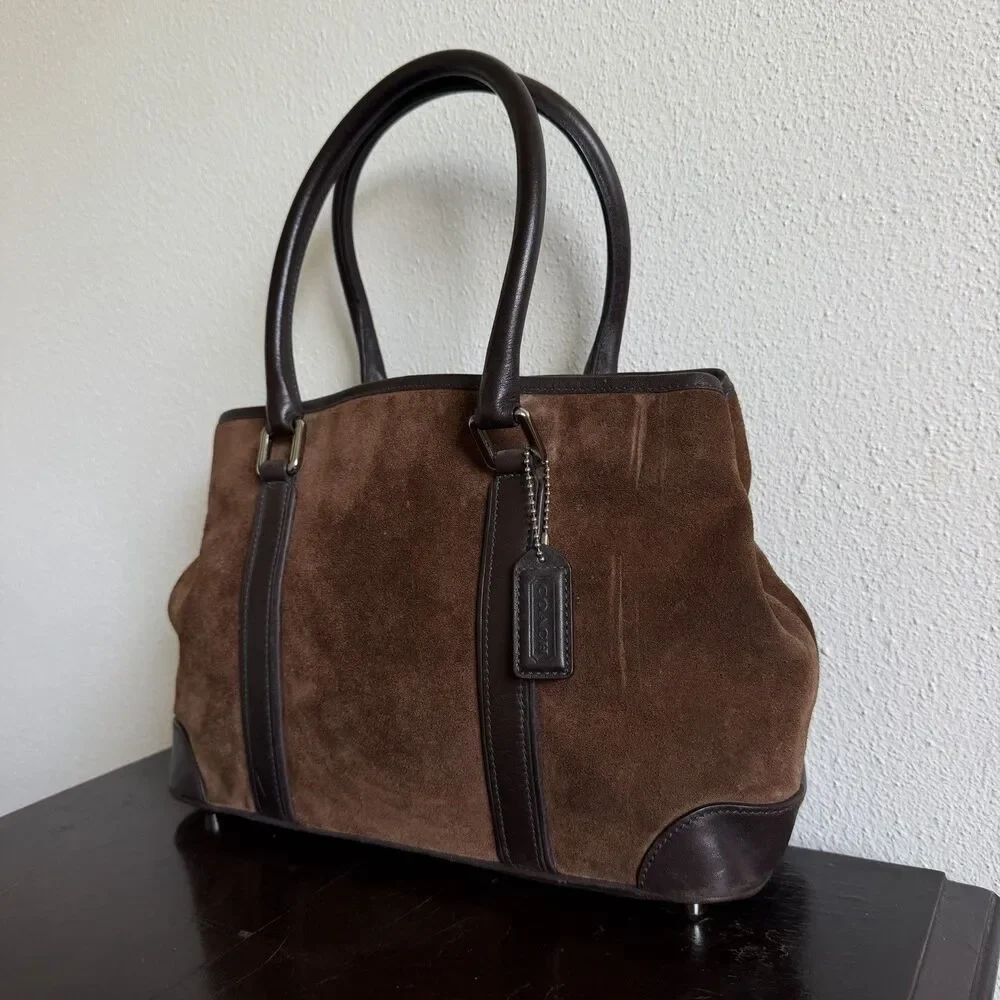 Coach Vtg Y2K 2000s Chocolate Brown Suede Hamptons Leather Trim Satchel Tote Bag